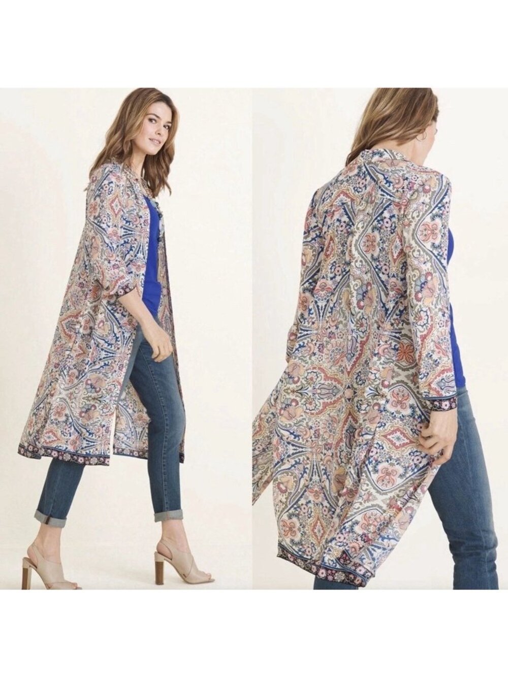 Chico's Paisley Floral Print Tunic Long Sleeve Button Front Shirt Blouse Duster - Picture 13 of 13